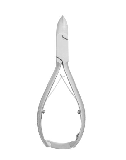 Professional podiatry nail nippers made of surgical-grade stainless steel with a sharp concave blade for clinical toenail treatment.