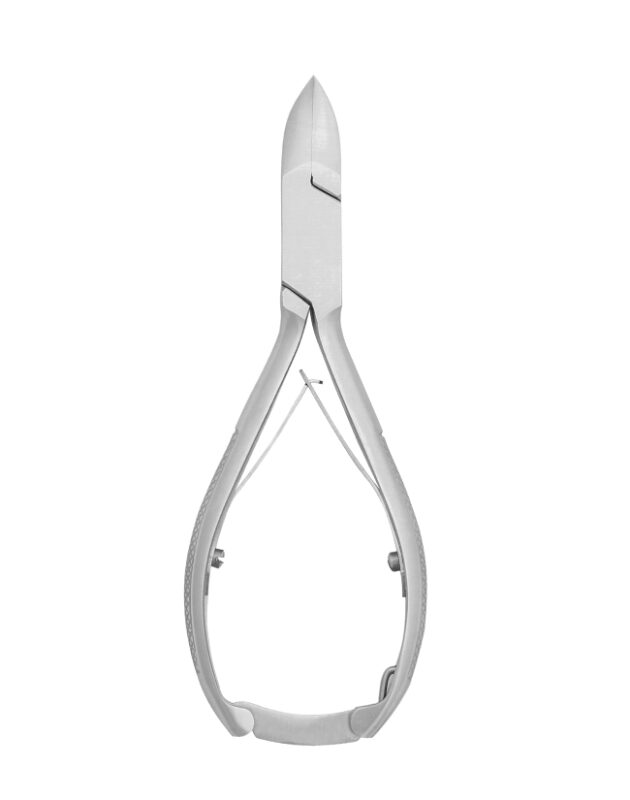 Professional podiatry nail nippers made of surgical-grade stainless steel with a sharp concave blade for clinical toenail treatment.