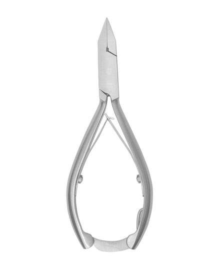 Professional podiatry nail nippers made of surgical-grade stainless steel with a sharp concave blade for clinical toenail treatment.