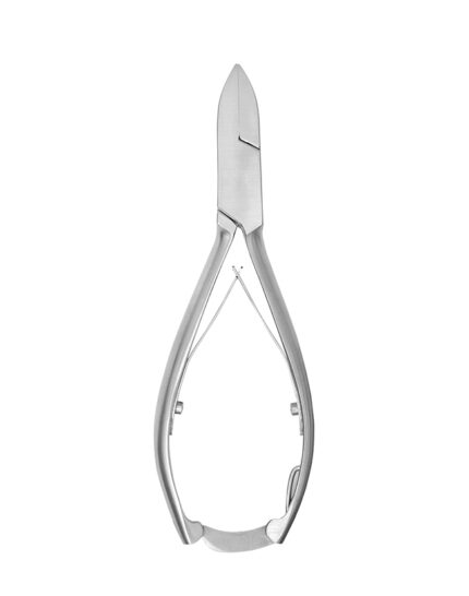 Professional podiatry nail nippers made of surgical-grade stainless steel with a sharp concave blade for clinical toenail treatment.