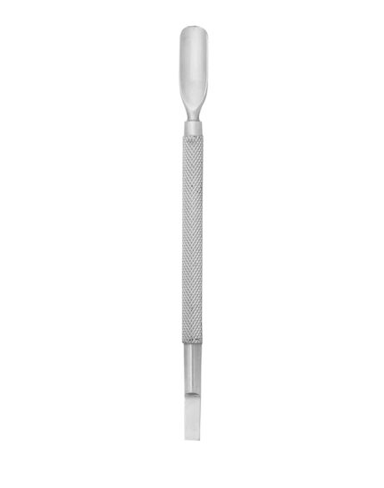 Professional stainless steel nail pusher and cuticle cleaner with a dual-ended spoon and scraper for manicure preparation.
