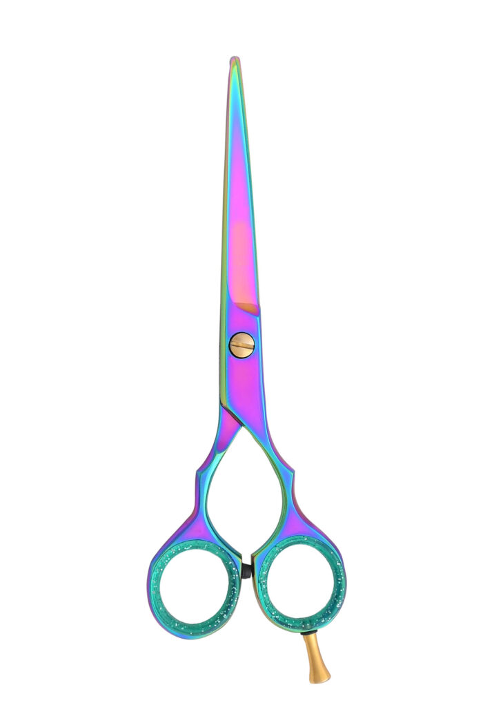 Professional hairdressing scissors made of Japanese 440C stainless steel with an ergonomic offset handle for effortless hair cutting.