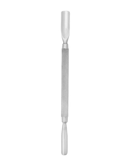Professional stainless steel nail pusher and cuticle cleaner with a dual-ended spoon and scraper for manicure preparation.