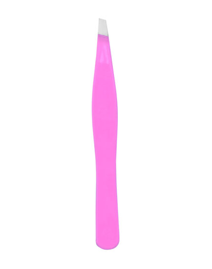 Professional slant-tip eyebrow tweezers made of stainless steel for precision hair removal and eyebrow shaping.