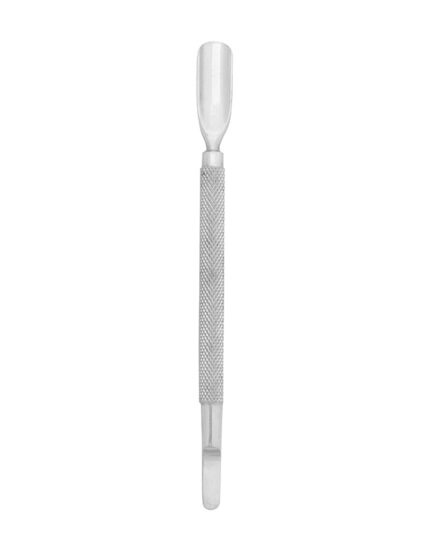 Professional stainless steel nail pusher and cuticle cleaner with a dual-ended spoon and scraper for manicure preparation.