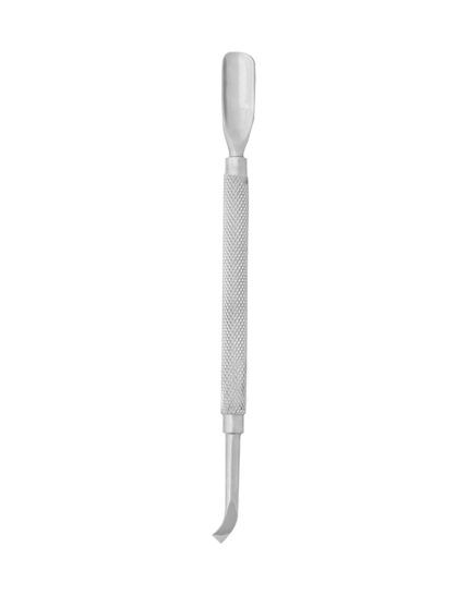 Professional stainless steel nail pusher and cuticle cleaner with a dual-ended spoon and scraper for manicure preparation.