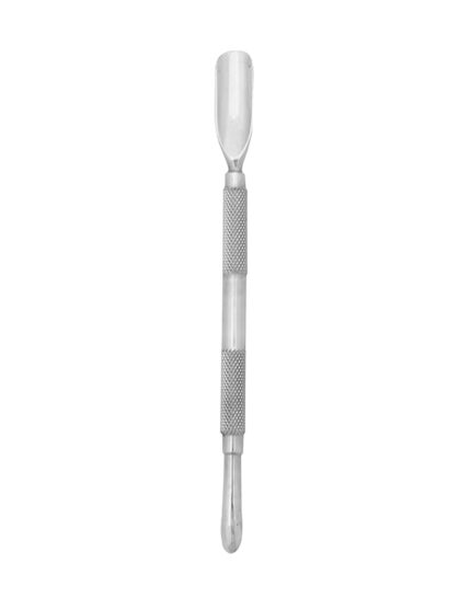 Professional stainless steel nail pusher and cuticle cleaner with a dual-ended spoon and scraper for manicure preparation.