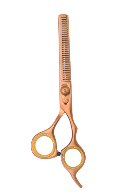 Professional hairdressing scissors made of Japanese 440C stainless steel with an ergonomic offset handle for effortless hair cutting.