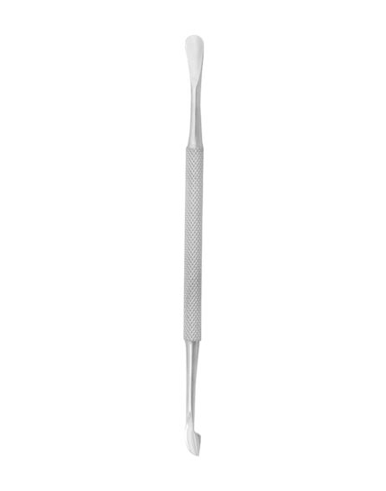 Professional stainless steel nail pusher and cuticle cleaner with a dual-ended spoon and scraper for manicure preparation.