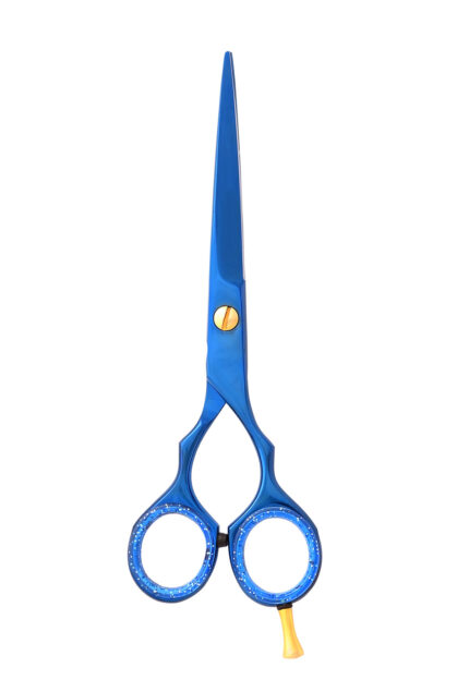 Professional hairdressing scissors made of Japanese 440C stainless steel with an ergonomic offset handle for effortless hair cutting.