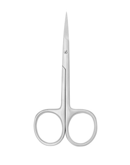 Professional curved nail and cuticle scissors made of stainless steel with extra-fine tips for precision manicure grooming.