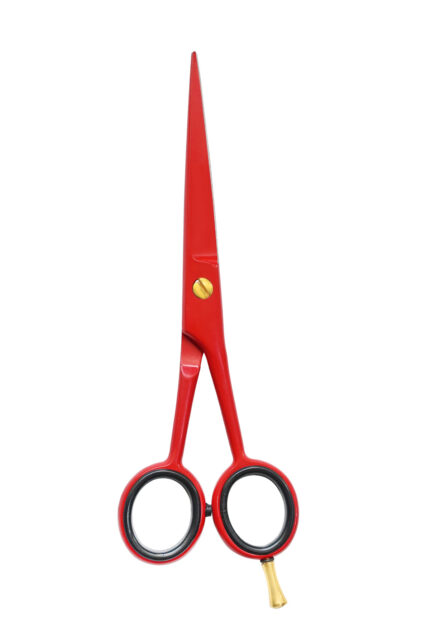 Professional hairdressing scissors made of Japanese 440C stainless steel with an ergonomic offset handle for effortless hair cutting.