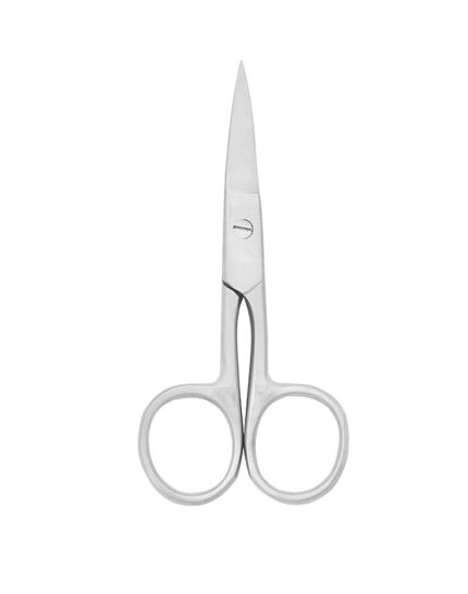 Professional curved nail and cuticle scissors made of stainless steel with extra-fine tips for precision manicure grooming.