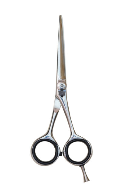 Professional hairdressing scissors made of Japanese 440C stainless steel with an ergonomic offset handle for effortless hair cutting.