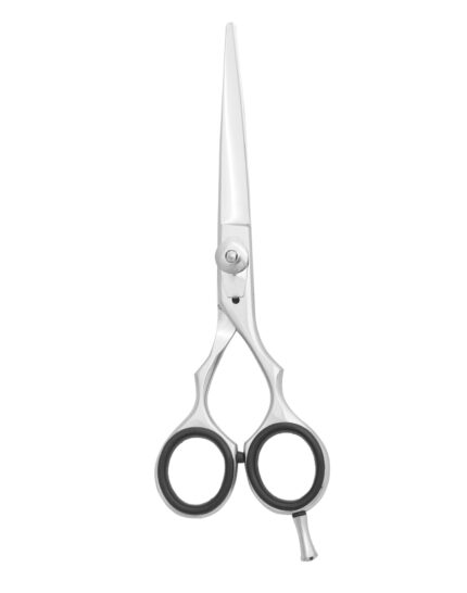Professional hairdressing scissors made of Japanese 440C stainless steel with an ergonomic offset handle for effortless hair cutting.