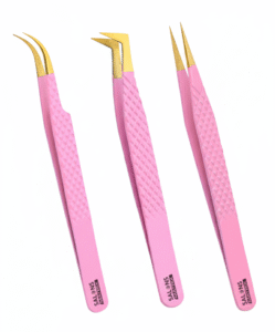 Professional stainless steel eyelash extension tweezers with high-precision fiber tips for volume lashing and isolation.