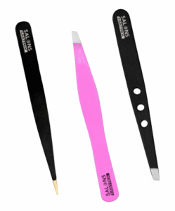 Professional stainless steel slanted-tip eyebrow tweezers by Salons Matrix, designed for high-precision hair removal and brow shaping.