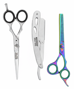Professional stainless steel hairdressing scissors with ergonomic handles for precision hair cutting and salon styling.