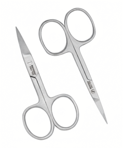 Professional stainless steel nail and cuticle scissors with extra-fine curved blades for precision grooming and manicure prep.
