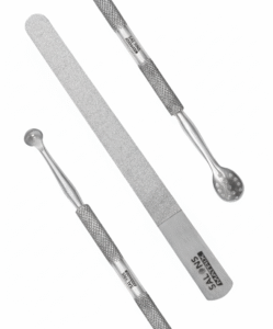 Professional stainless steel nail pusher and cuticle cleaner with a dual-ended spoon and scraper for manicure preparation.