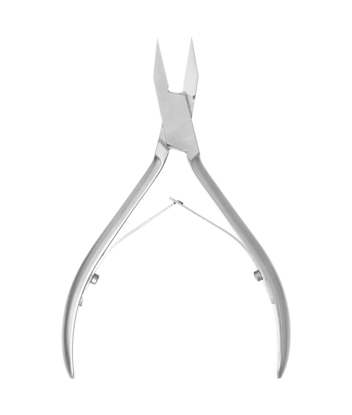 Professional ingrown toenail nippers with an ultra-fine pointed tip and straight cutting edge for precise removal of embedded nail corners.