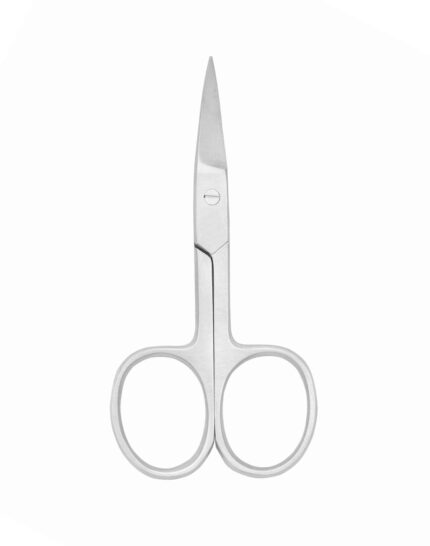 Professional curved nail and cuticle scissors made of stainless steel with extra-fine tips for precision manicure grooming.
