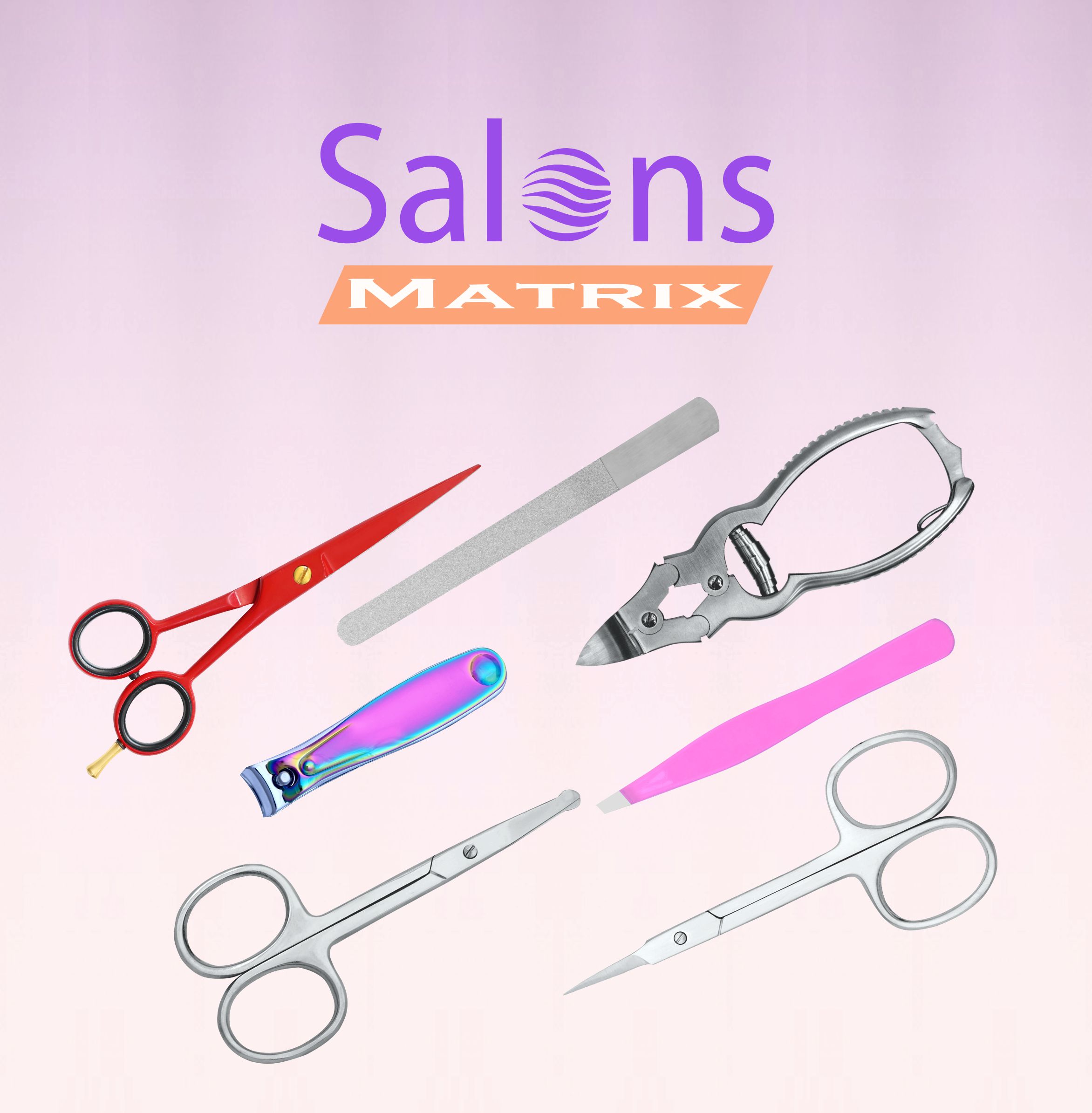 Professional tools catalog, featuring a curated arrangement of stainless steel hairdressing scissors, nail nippers, and precision manicure instruments
